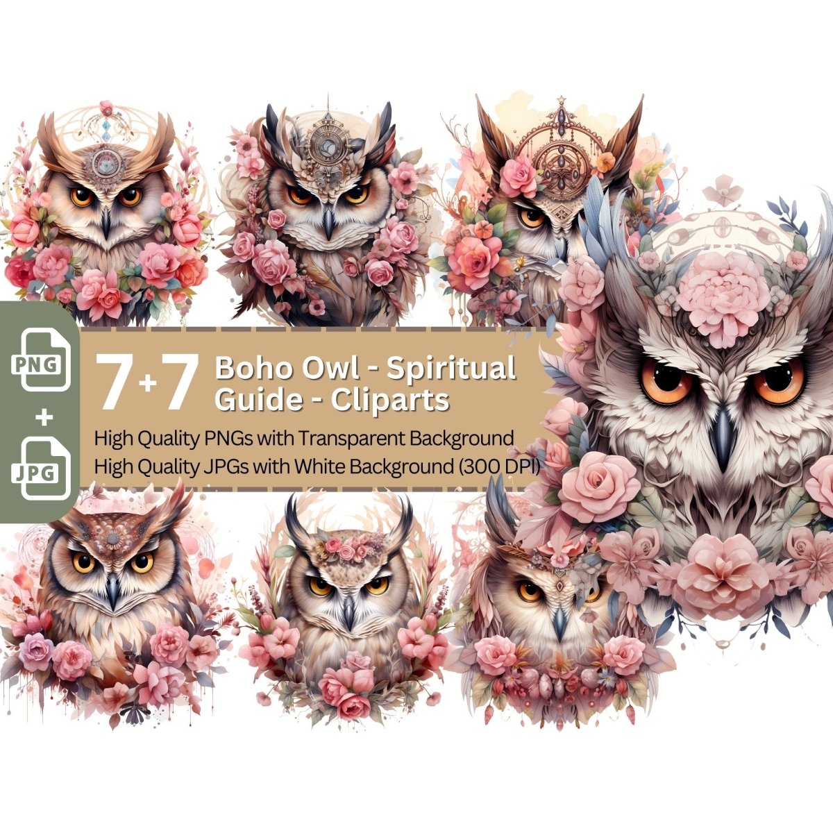 Boho Owl with Flowers Spiritual Guide Cliparts 7+7 High Quality PNG Animal - Everything Pixel