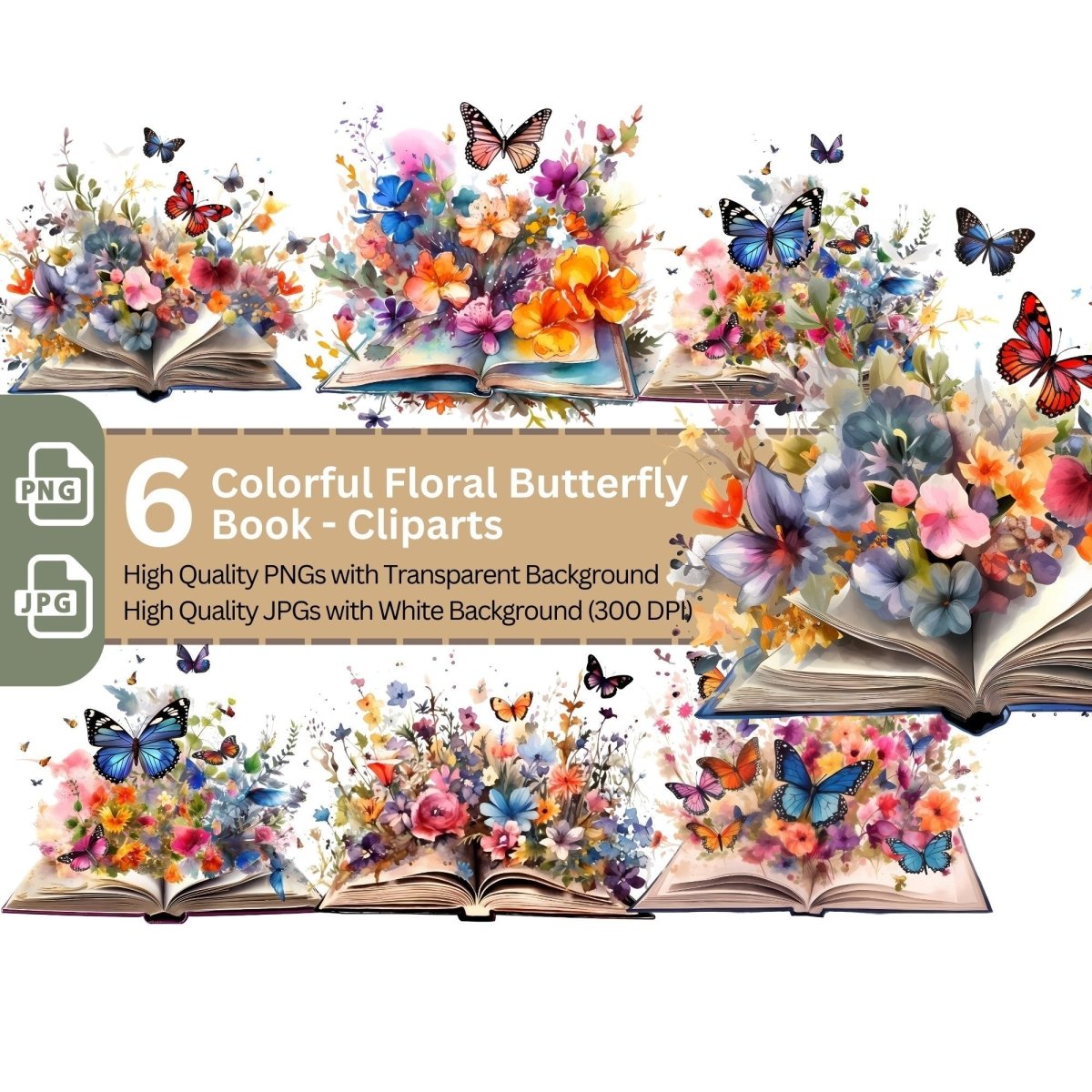 Book with Flowers and Butterflies 6+6 PNG Clip Art Bundle - Everything Pixel