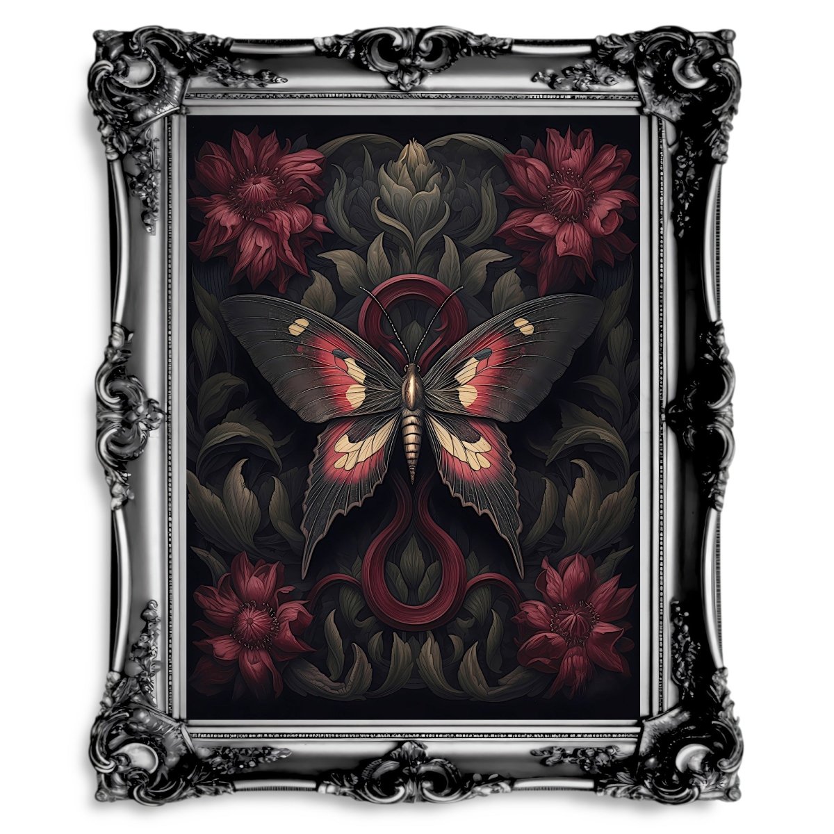 Botanical Moth Dark Cottagecore Witchy Gothic Botanical Wall Art - Everything Pixel