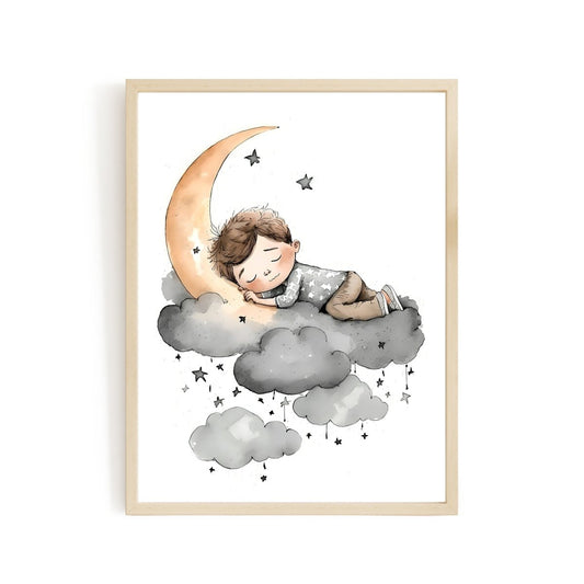 Boy sleeping on moon with stars wall art nursery moon clouds stars - Everything Pixel