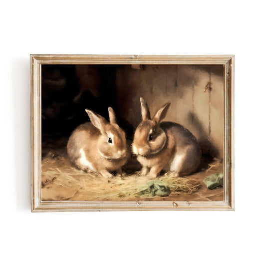 Brown Bunnies in Barn Rustic Vintage Oil Painting Style - Everything Pixel