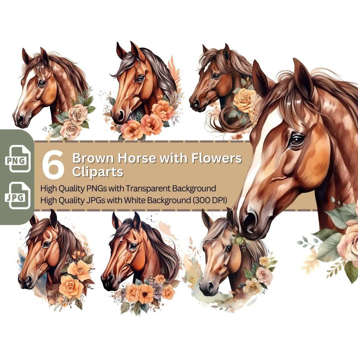 Brown Horse with Flowers Cliparts 6+6 High Quality PNG Animal Clipart - Everything Pixel