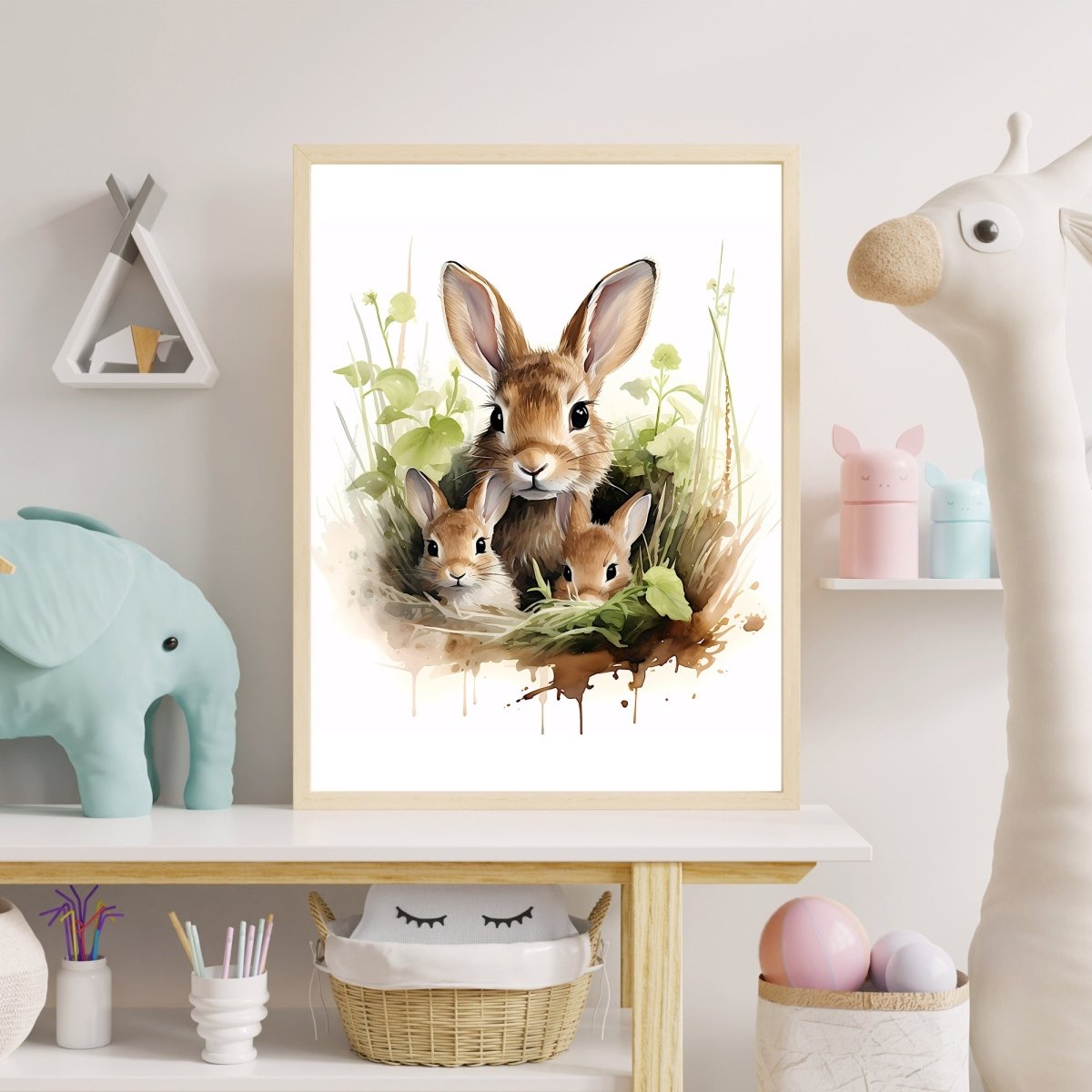 Bunny Family Hideaway - Watercolor Nursery Wall Art Print - Everything Pixel