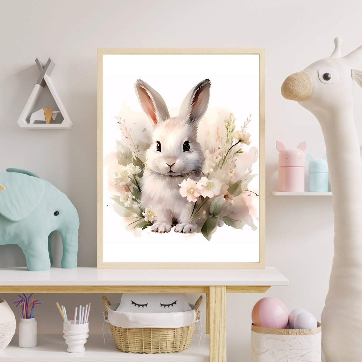Bunny in Flowers - Soft Pastel Nursery Wall Art Print - Everything Pixel