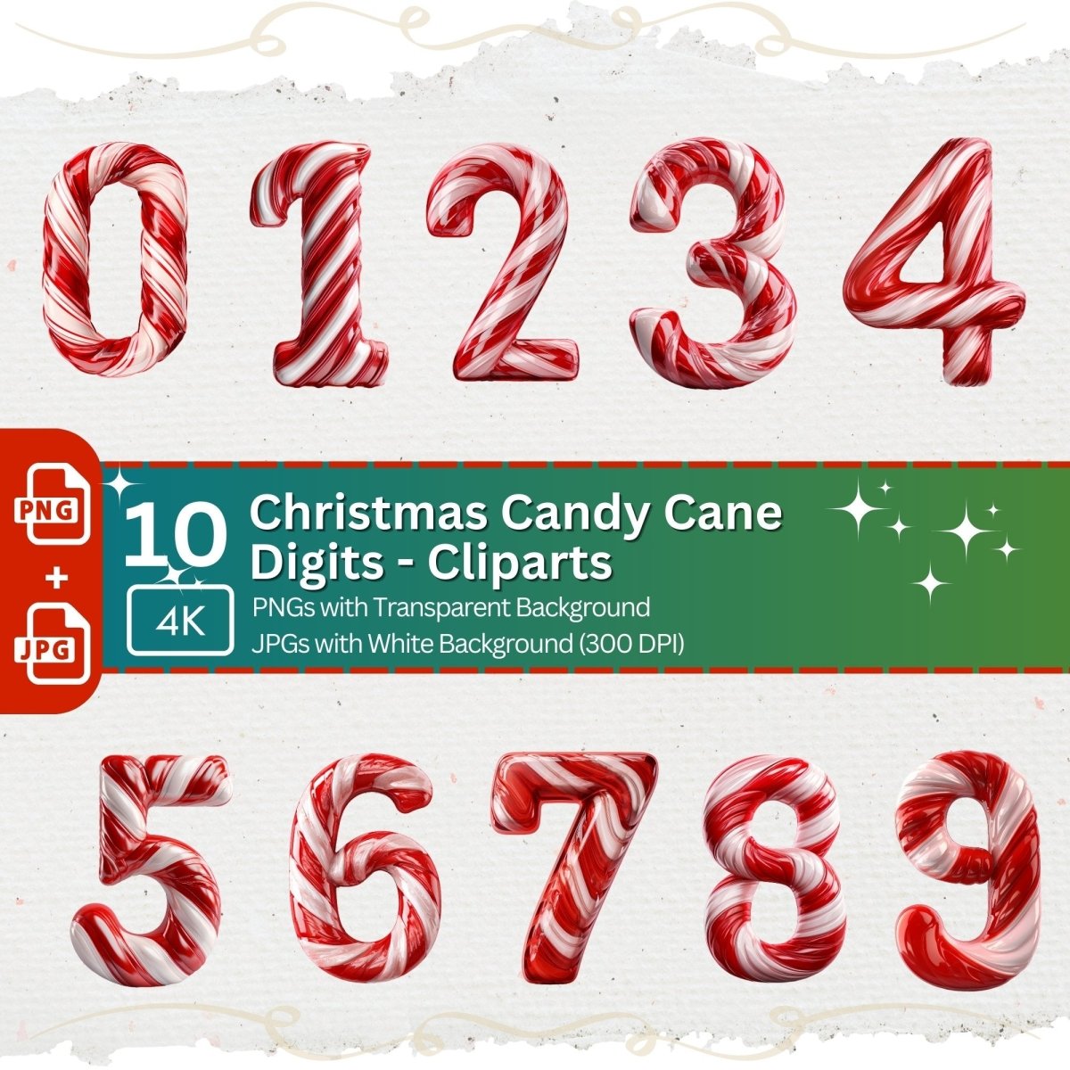 Candy Cane Numbers Clipart 10 PNG Bundle Christmas Sweet Font Clipart Card Making Graphic Digital Paper Craft Holiday Digit Graphic - Everything Pixel