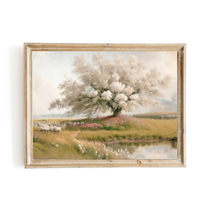 Cherry Blossom Tree in Wildflower Meadow with Sheep Herd and Soft Pastel Colors - Everything Pixel