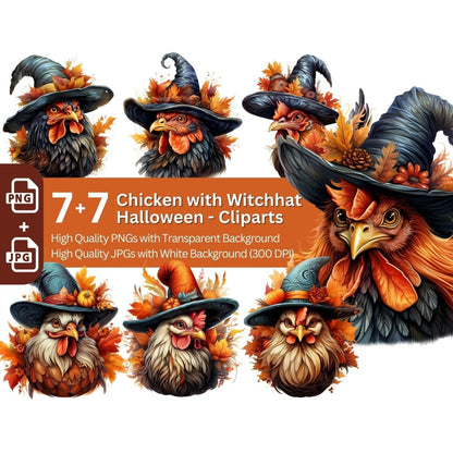 Chicken with Witchhat Clipart 7+7 PNG Bundle Halloween - Everything Pixel