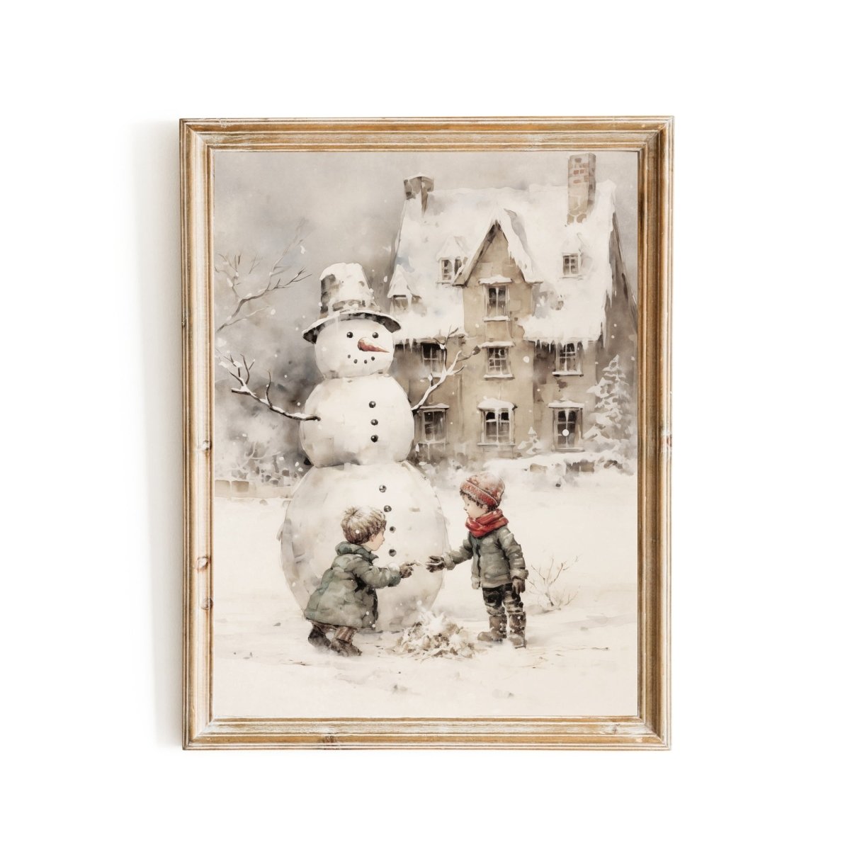 Children building Snowman Wall Art Vintage Winter Landscape Charming Children Christmas Scene Muted Seasonal Antique Painting Paper Poster Print - Everything Pixel