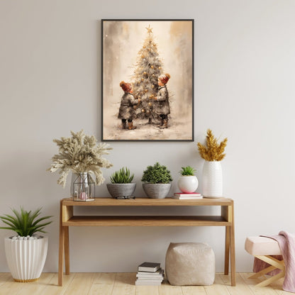 Children decorating Christmas Tree Wall Art Vintage Winter Landscape Classic Christmas Scene Seasonal Print Antique Painting Paper Poster Print - Everything Pixel