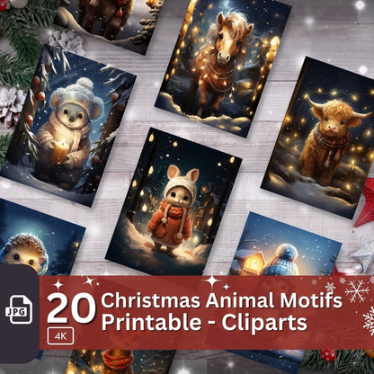Christmas Animals Cards 20 JPG Bundle Digital Paper Set Festive Card Making Junk Journal Kit Christmas Page Design Xmas Ephemera Clipart - Everything Pixel