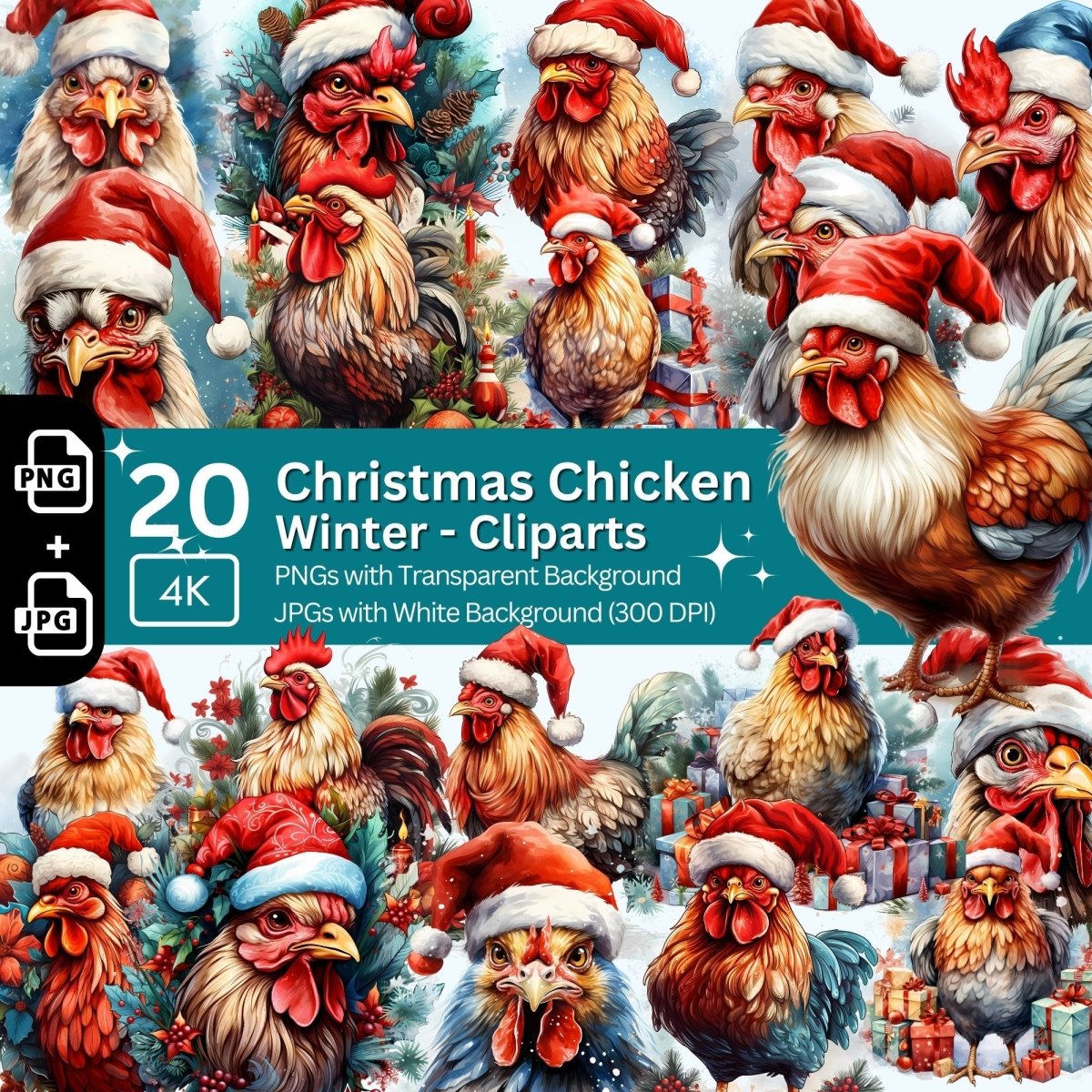 Christmas Chicken Cliparts 20x PNG Bundle Chicken with Santa Hat Clipart Card Making Digital Paper Craft Winter Holiday Junk Journal Kit - Everything Pixel