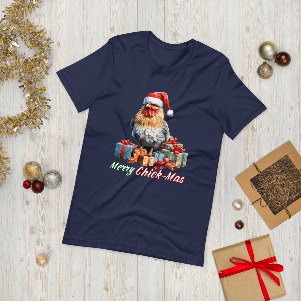 Christmas Chicken T-Shirt - High Quality Festive Unisex T-Shirt, Gift for Chicken Lovers, Chicken with Gifts, Funny Farm Animal Xmas Shirt - Everything Pixel