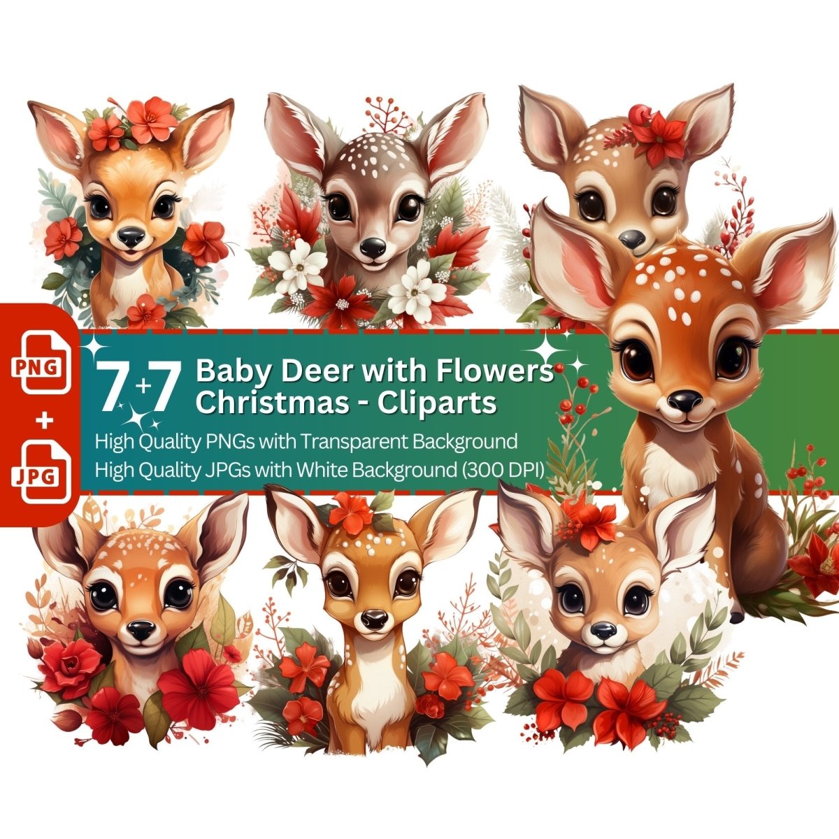 Christmas Deer Clipart 7+7 PNG JPG Bundle - Everything Pixel
