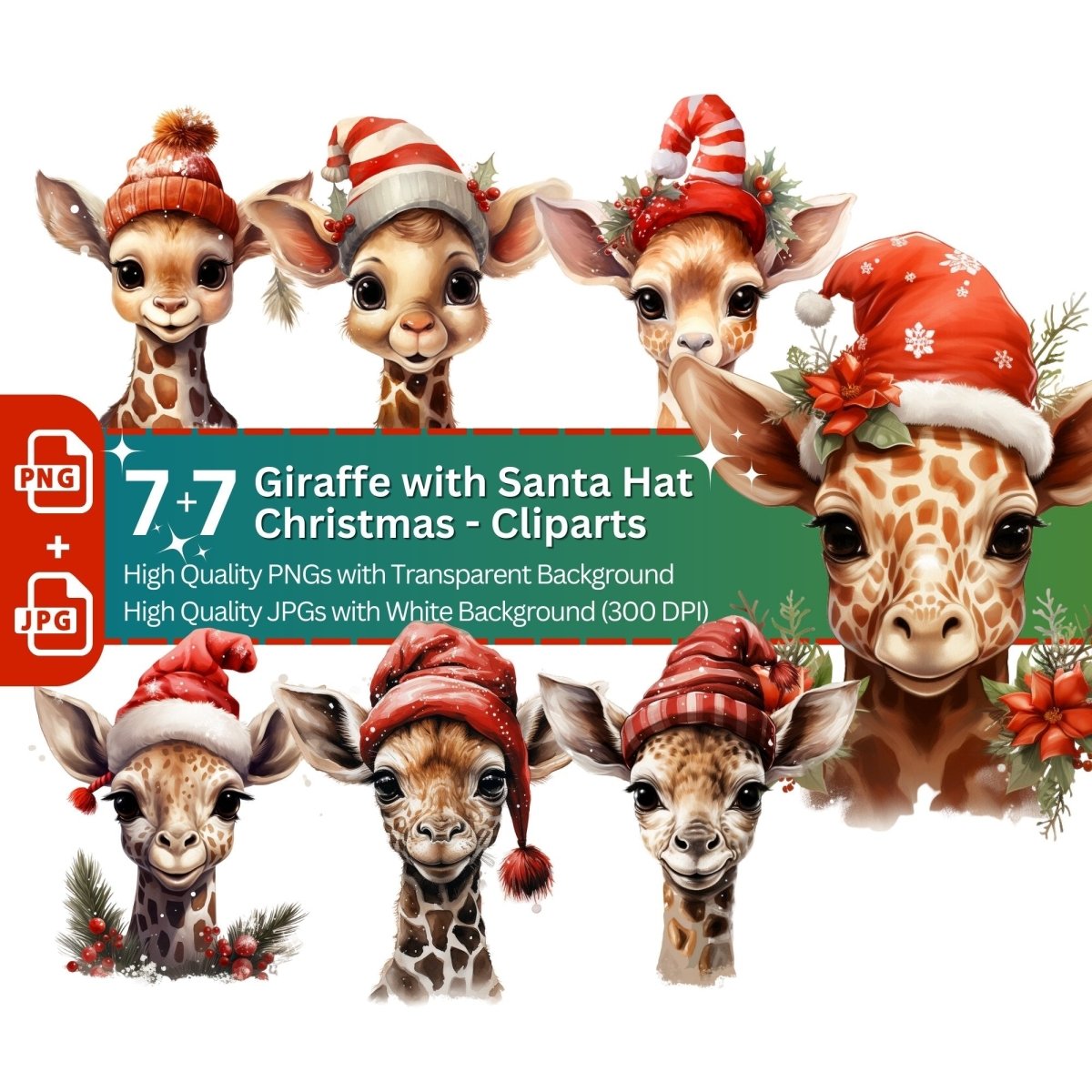 Christmas Giraffe Clipart 7+7 PNG JPG Bundle - Everything Pixel