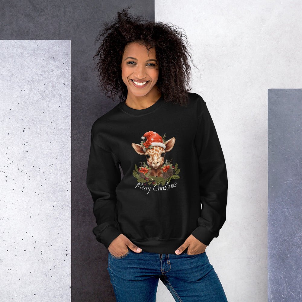 Christmas Giraffe Pullover - High Quality Festive Family Unisex Sweatshirt, Gift for Giraffe Lovers, Cute Christmas Shirt, Giraffe Santa Hat - Everything Pixel