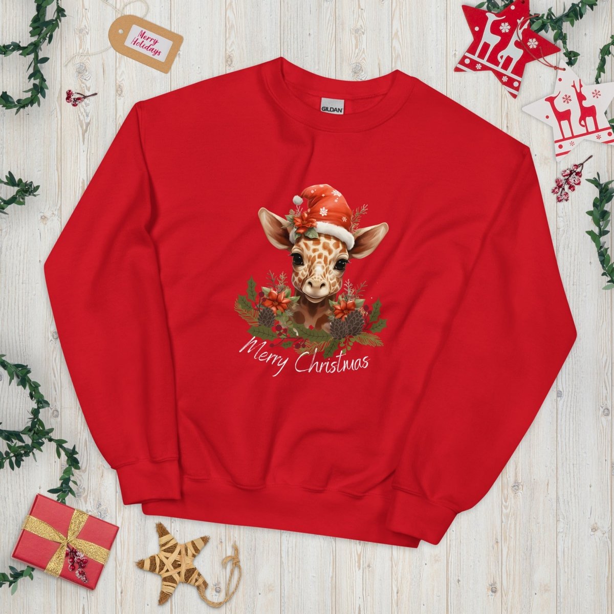 Christmas Giraffe Pullover - High Quality Festive Family Unisex Sweatshirt, Gift for Giraffe Lovers, Cute Christmas Shirt, Giraffe Santa Hat - Everything Pixel