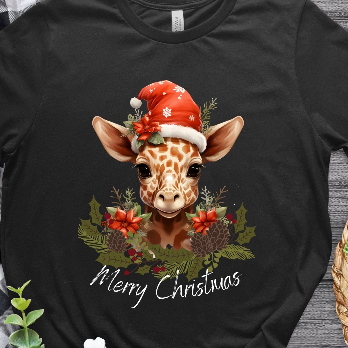 Christmas Giraffe T-Shirt - High Quality Festive Family Unisex T-Shirts, Gift for Giraffe Lovers, Cute Christmas Shirt, Giraffe with Santa Hat - Everything Pixel