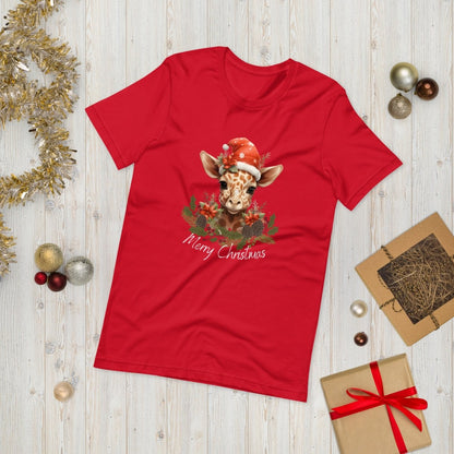 Christmas Giraffe T-Shirt - High Quality Festive Family Unisex T-Shirts, Gift for Giraffe Lovers, Cute Christmas Shirt, Giraffe with Santa Hat - Everything Pixel
