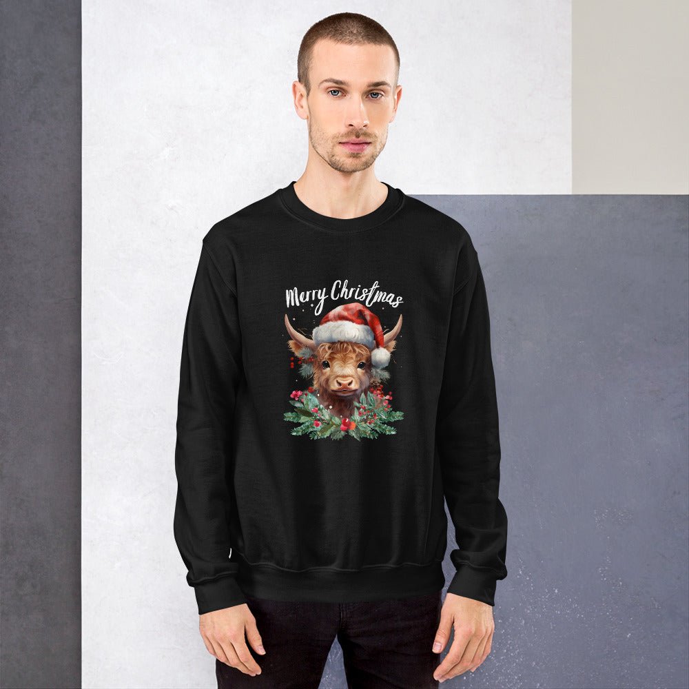 Christmas Highland Cow Pullover - High Quality Festive Family Unisex Sweatshirt, Gift for Cow Lovers, Cute Christmas Shirt, Cow with Santa Hat - Everything Pixel