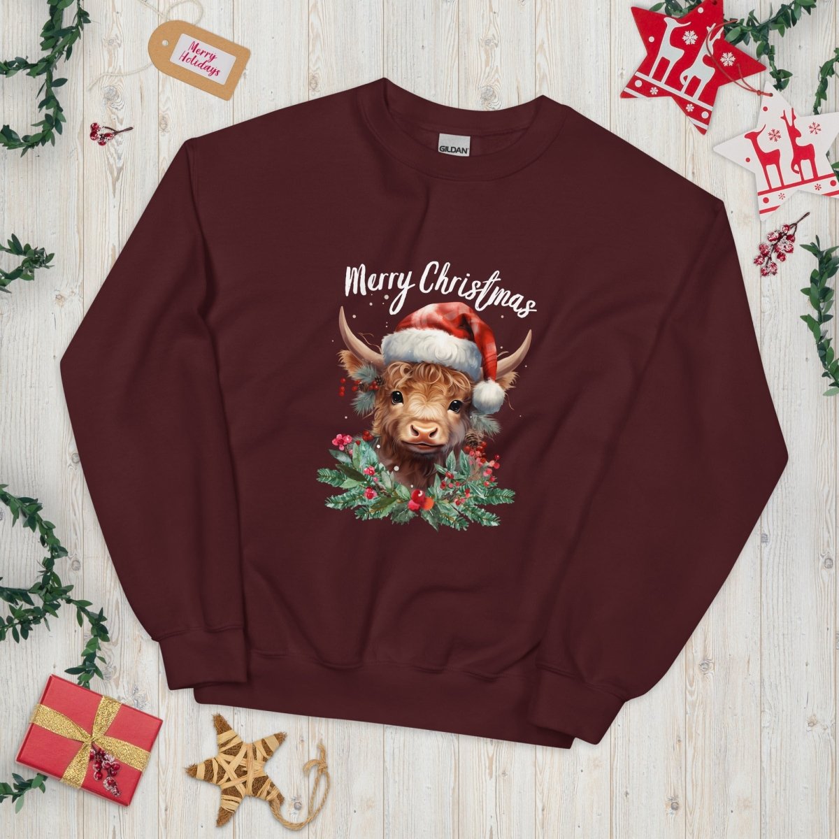 Christmas Highland Cow Pullover - High Quality Festive Family Unisex Sweatshirt, Gift for Cow Lovers, Cute Christmas Shirt, Cow with Santa Hat - Everything Pixel