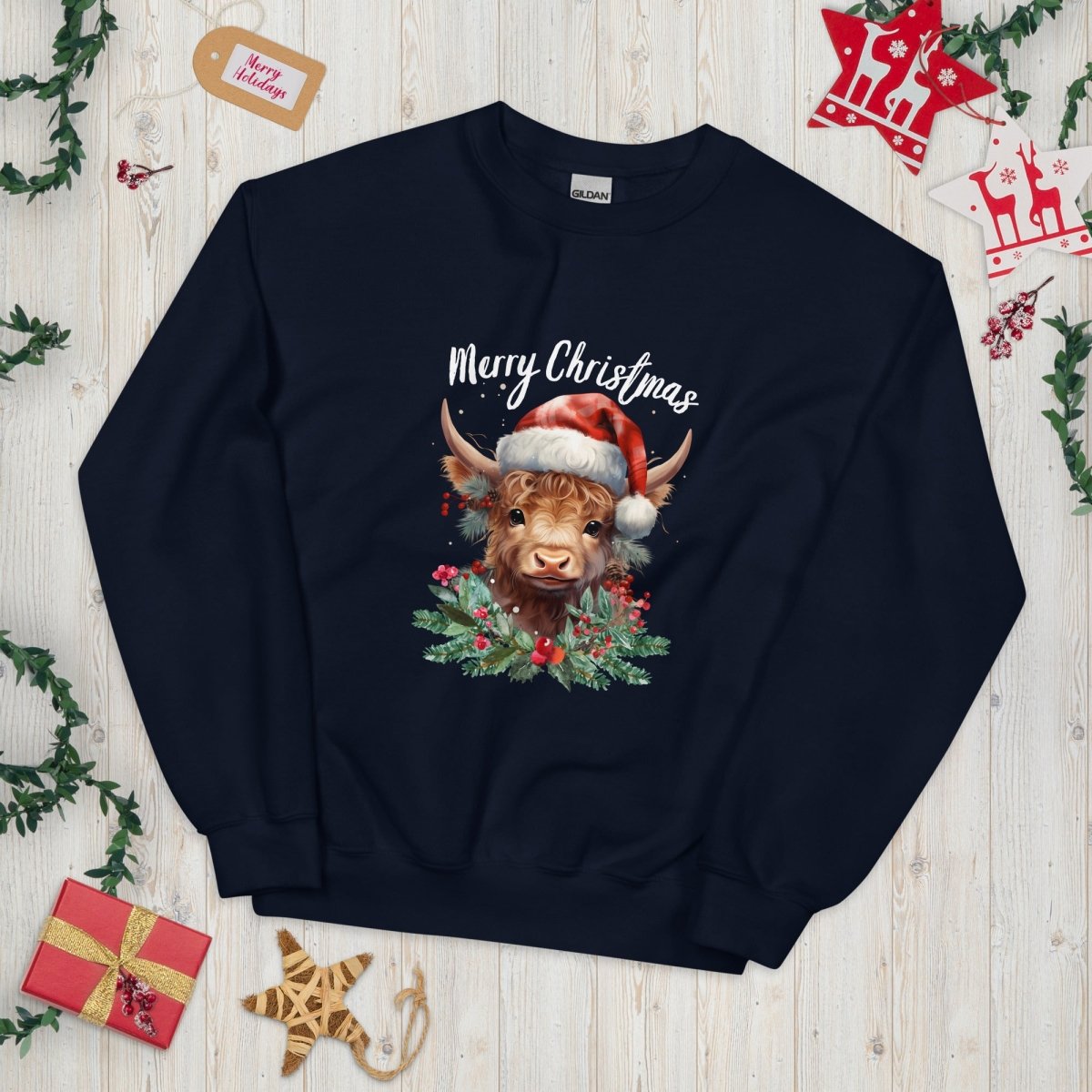 Christmas Highland Cow Pullover - High Quality Festive Family Unisex Sweatshirt, Gift for Cow Lovers, Cute Christmas Shirt, Cow with Santa Hat - Everything Pixel