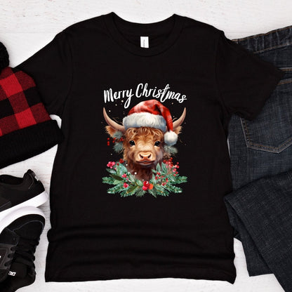 Christmas Highland Cow T-Shirt - High Quality Festive Family Teenager T-Shirt, Gift for Cow Lovers, Cute Christmas Shirt, Youth Xmas Tee - Everything Pixel