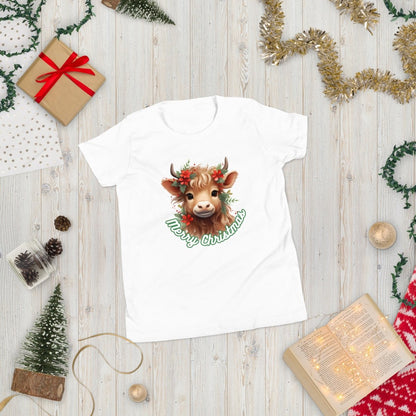 Christmas Highland Cow T-Shirt - High Quality Festive Family Teenager T-Shirt, Gift for Cow Lovers, Cute Christmas Shirt, Youth Xmas Tee - Everything Pixel