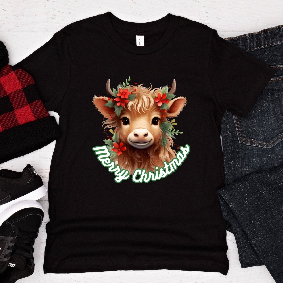 Christmas Highland Cow T-Shirt - High Quality Festive Family Teenager T-Shirt, Gift for Cow Lovers, Cute Christmas Shirt, Youth Xmas Tee - Everything Pixel