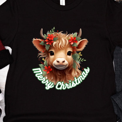 Christmas Highland Cow T-Shirt - High Quality Festive Family Teenager T-Shirt, Gift for Cow Lovers, Cute Christmas Shirt, Youth Xmas Tee - Everything Pixel