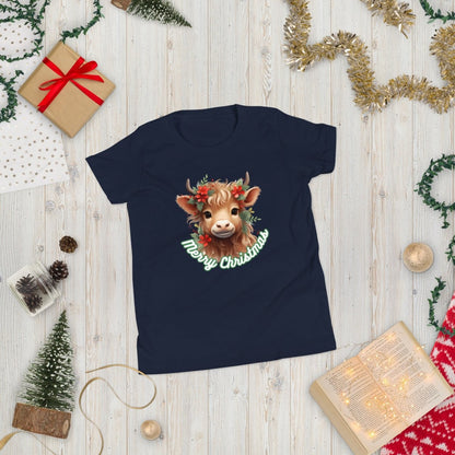 Christmas Highland Cow T-Shirt - High Quality Festive Family Teenager T-Shirt, Gift for Cow Lovers, Cute Christmas Shirt, Youth Xmas Tee - Everything Pixel