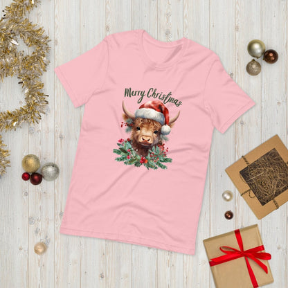 Christmas Highland Cow T-Shirt - High Quality Festive Family Unisex T-Shirts, Gift for Cow Lovers, Cute Christmas Shirt, Cow with Santa Hat - Everything Pixel