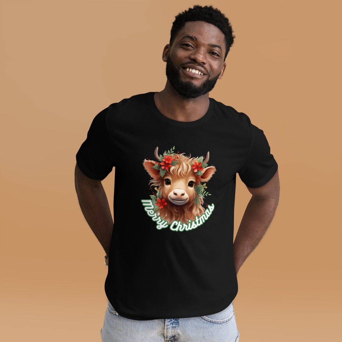 Christmas Highland Cow T-Shirt - High Quality Festive Family Unisex T-Shirts, Gift for Cow Lovers, Cute Christmas Shirt, Farmer Gift - Everything Pixel
