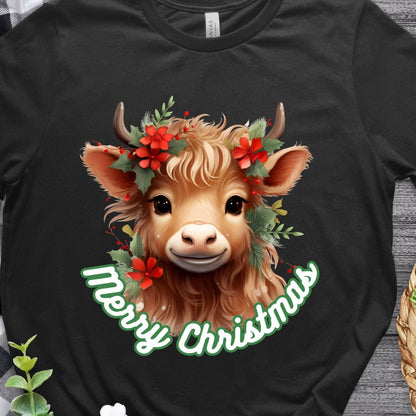 Christmas Highland Cow T-Shirt - High Quality Festive Family Unisex T-Shirts, Gift for Cow Lovers, Cute Christmas Shirt, Farmer Gift - Everything Pixel