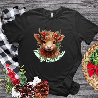 Christmas Highland Cow T-Shirt - High Quality Festive Family Unisex T-Shirts, Gift for Cow Lovers, Cute Christmas Shirt, Farmer Gift - Everything Pixel