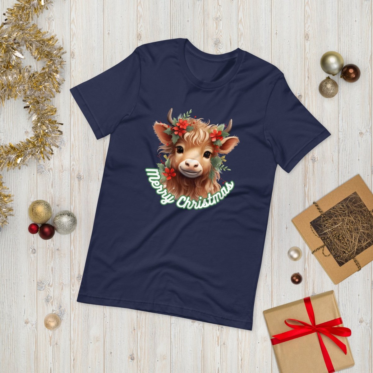 Christmas Highland Cow T-Shirt - High Quality Festive Family Unisex T-Shirts, Gift for Cow Lovers, Cute Christmas Shirt, Farmer Gift - Everything Pixel
