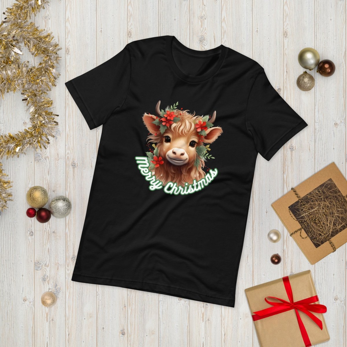 Christmas Highland Cow T-Shirt - High Quality Festive Family Unisex T-Shirts, Gift for Cow Lovers, Cute Christmas Shirt, Farmer Gift - Everything Pixel