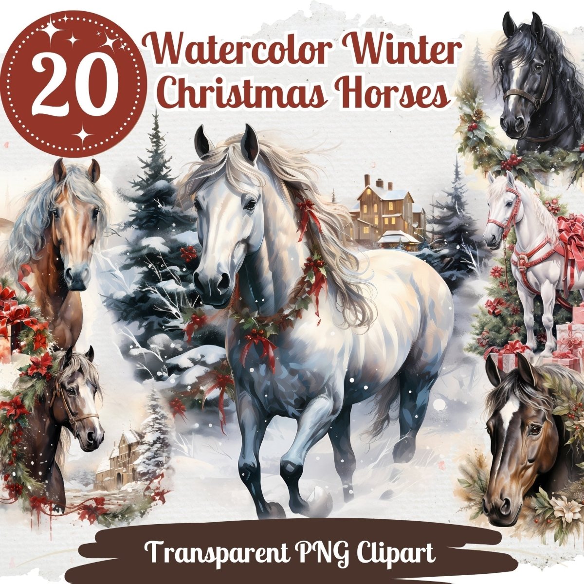 Christmas Horses Watercolor Clipart 20 PNG Bundle Seasonal Horse Images Winter Horse Graphic Horse Watercolor Sublimation Junk Journal Kit - Everything Pixel