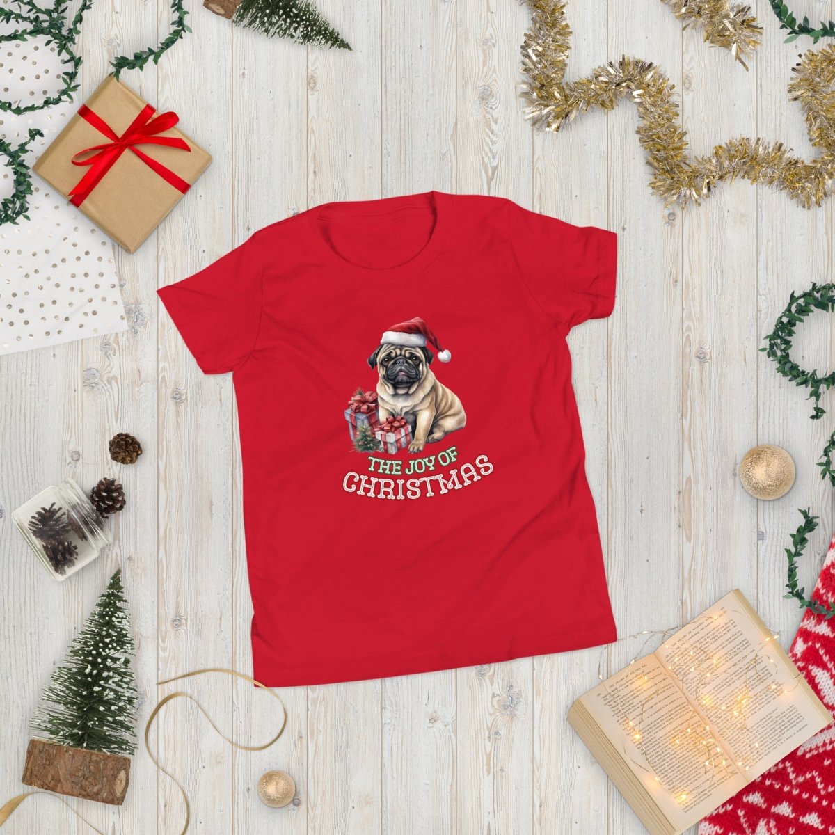 Christmas Pug T-Shirt - High Quality Festive Teenager T-Shirt, Gift for Teenager, Gift for Doglovers, Funny Youth Xmas Shirt - Everything Pixel