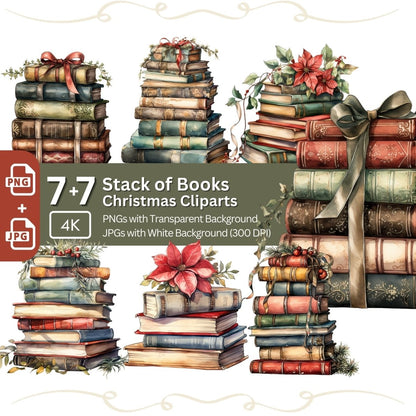 Christmas Stack of Books Clipart 7+7 PNG JPG Bundle - Everything Pixel