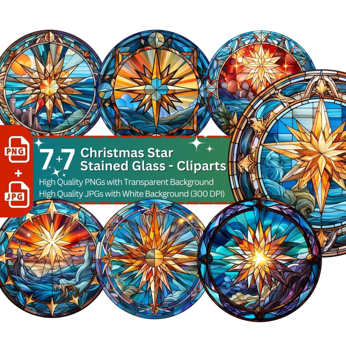 Christmas Star Stained Glass Clipart 7+7 PNG/JPG Bundle Winter Decoration - Everything Pixel