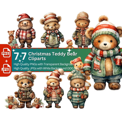 Christmas Teddy Bear Clipart 7+7 PNG JPG Bundle - Everything Pixel