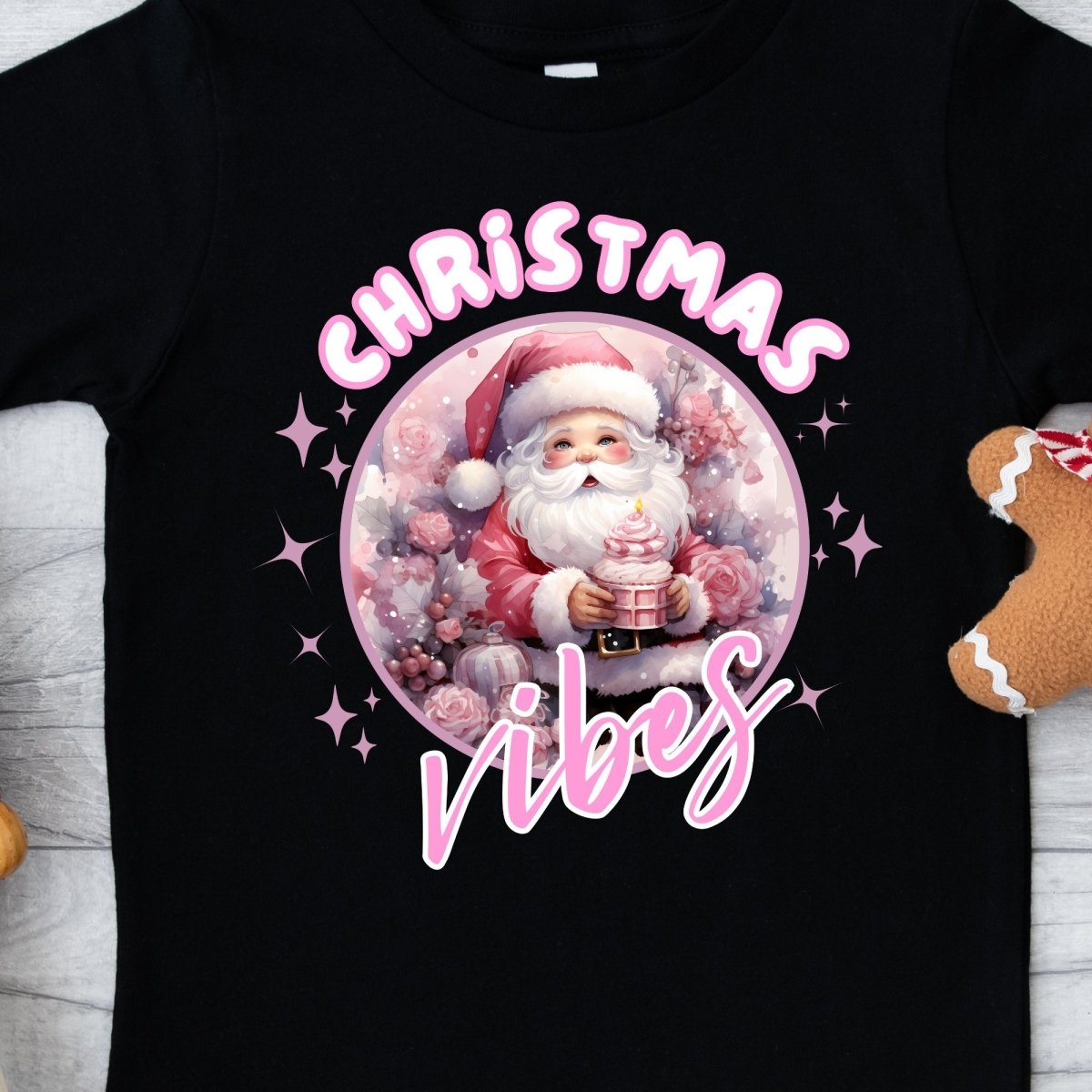 Christmas Vibes Santa T-Shirt - High Quality Funny Children T-Shirt, Pink Holiday Toddler Shirt, Christmas Vacation Tee, Pink Santa Shirt - Everything Pixel