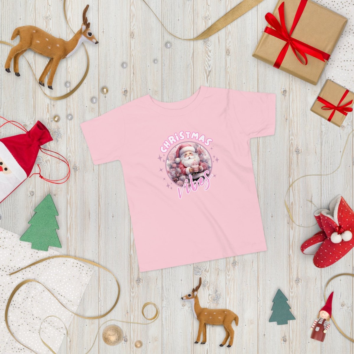 Christmas Vibes Santa T-Shirt - High Quality Funny Children T-Shirt, Pink Holiday Toddler Shirt, Christmas Vacation Tee, Pink Santa Shirt - Everything Pixel
