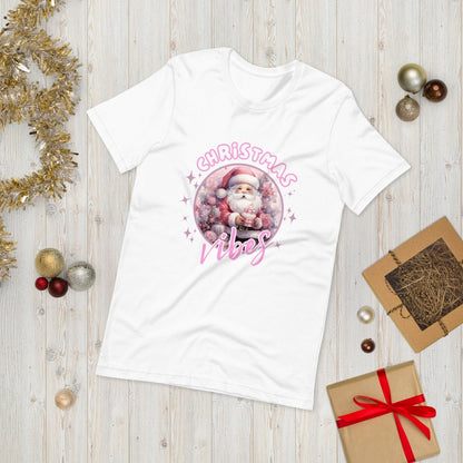 Christmas Vibes Santa T-Shirt - High Quality Funny Unisex T-Shirt, Pink Holiday Shirt Design, Christmas Vacation Tee, Cute Pink Santa Shirt - Everything Pixel