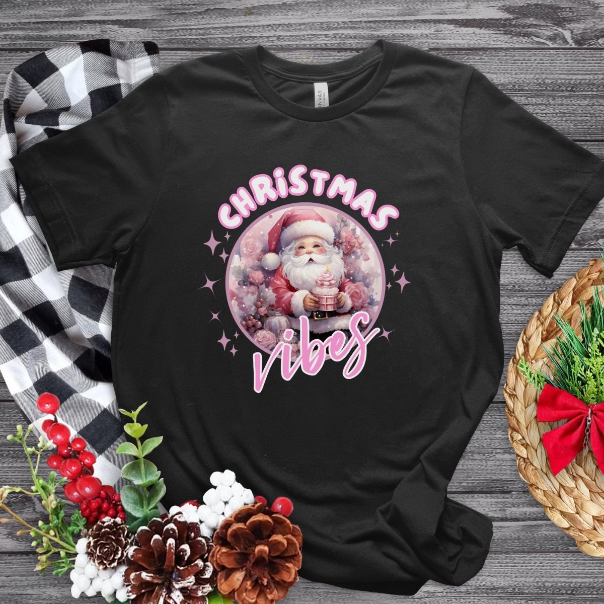 Christmas Vibes Santa T-Shirt - High Quality Funny Unisex T-Shirt, Pink Holiday Shirt Design, Christmas Vacation Tee, Cute Pink Santa Shirt - Everything Pixel
