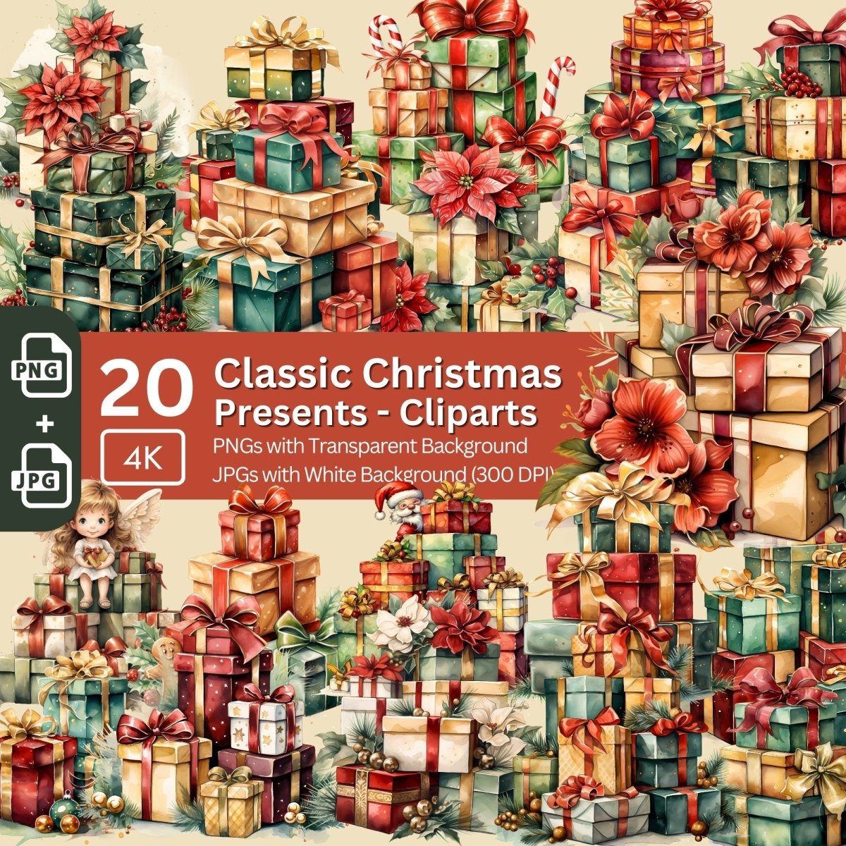 Classic Christmas Presents Cliparts 20x PNG Bundle Festive Advent Clipart Card Making Digital Paper Craft Holiday Junk Journal Kit - Everything Pixel