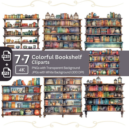 Colorful Bookshelf Clipart 7+7 PNG JPG Bundle - Everything Pixel