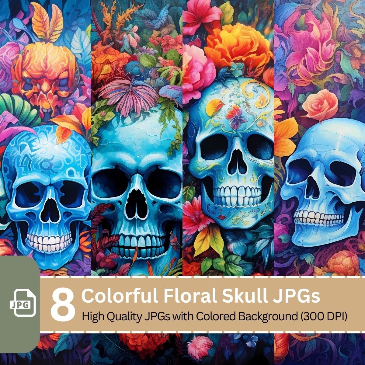 Colorful Floral Skull 8 JPGs Clip Art Bundle - Everything Pixel