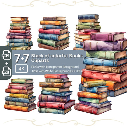 Colorful Stack of Books Clipart - Vibrant Library Artwork for Digital Projects 7+7 PNG JPG Bundle - Everything Pixel