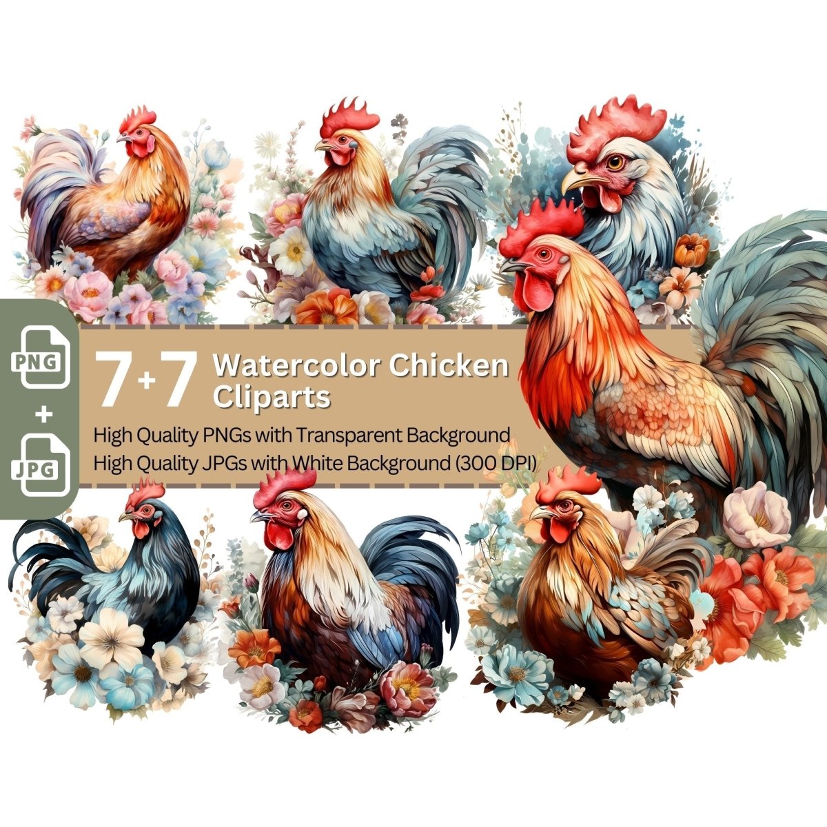 Colorful Watercolor Chickens 7+7 High Quality PNGs Clipart Bundle Rooster - Everything Pixel